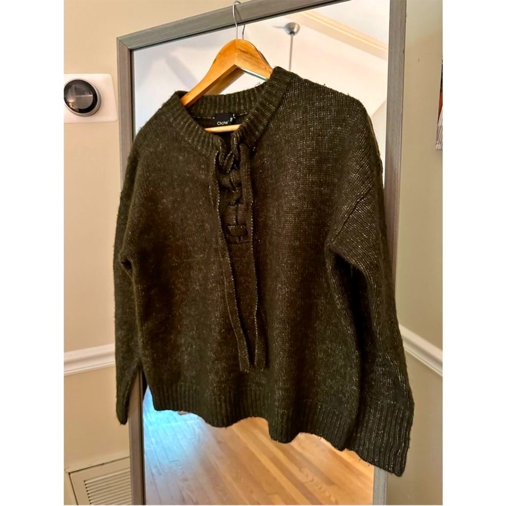 Cliche Sweater Lace Up Front Wool Blend Women's Olive Green Lace Up Tie Neck